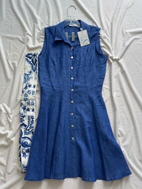 Sleeveless Navy Button-Front Mini Dress with Patterned Sash